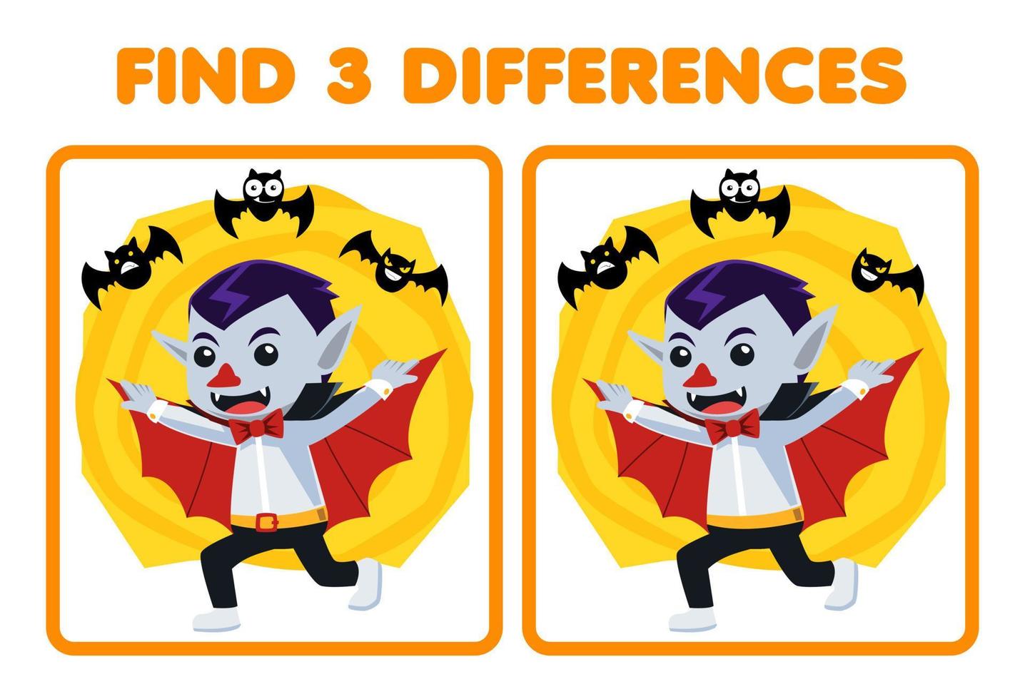 juego educativo para niños encuentra tres diferencias entre dos dibujos animados lindo disfraz de drácula hoja de trabajo imprimible de halloween vector