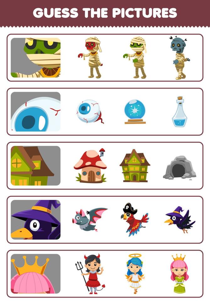 Education game for children guess the correct pictures of cute cartoon mummy eye spooky house crow queen costume halloween printable worksheet vector