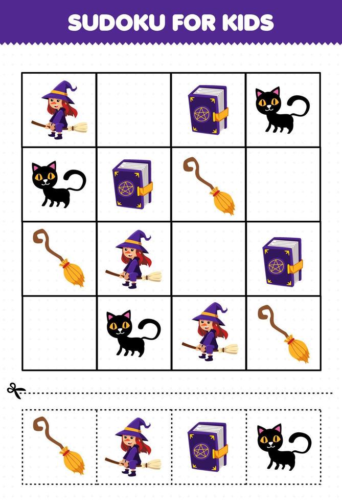 Education game for children sudoku for kids with cute cartoon black cat spell book broom witch costume halloween printable worksheet vector