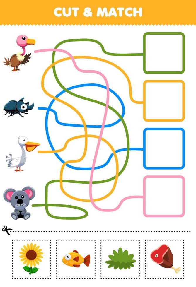 Education game for children cut and match the correct food for cute cartoon vulture beetle pelican koala printable worksheet vector