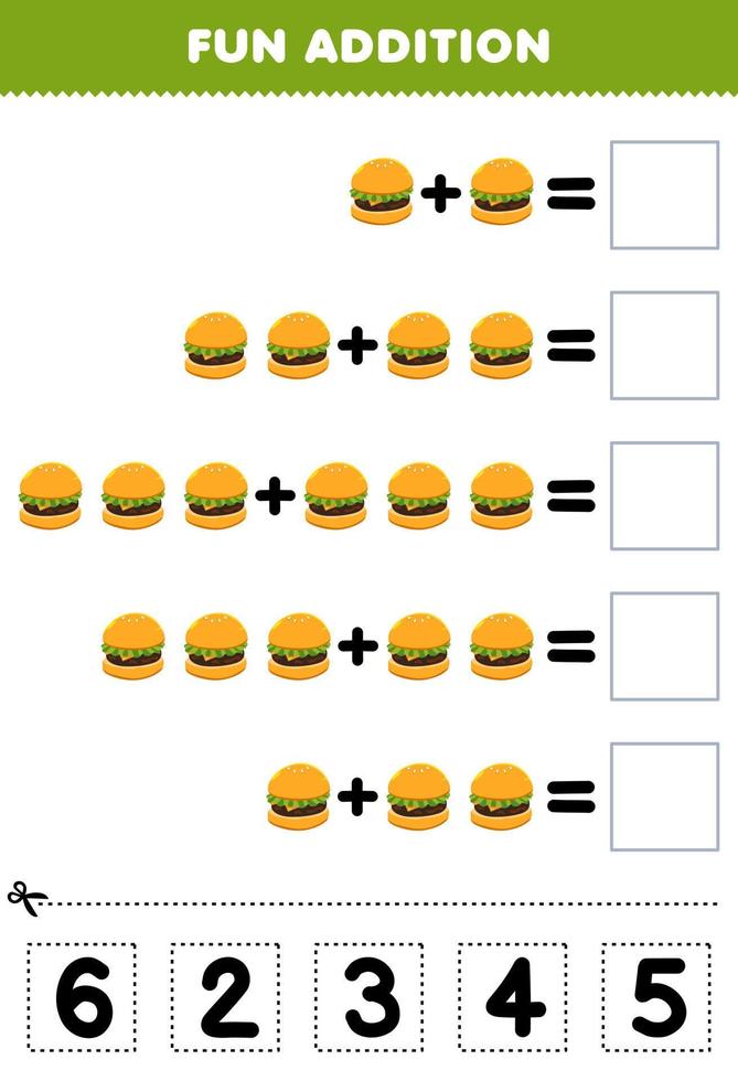 Education game for children fun addition by cut and match correct number for cartoon food burger printable worksheet vector