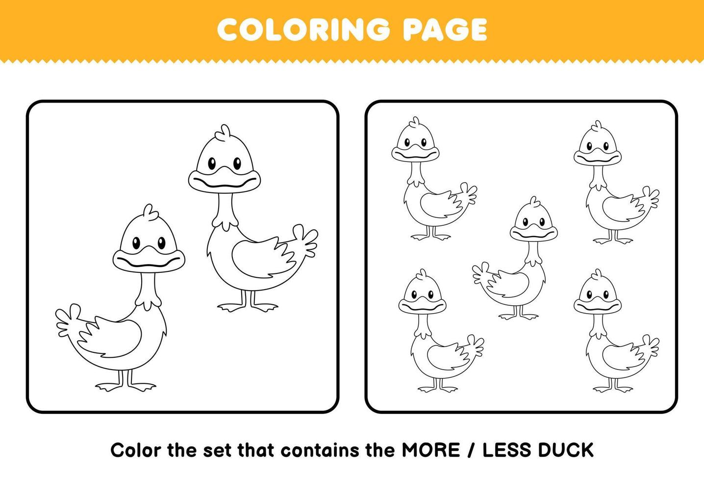Education game for children coloring page more or less picture of cute cartoon duck line art set printable worksheet vector