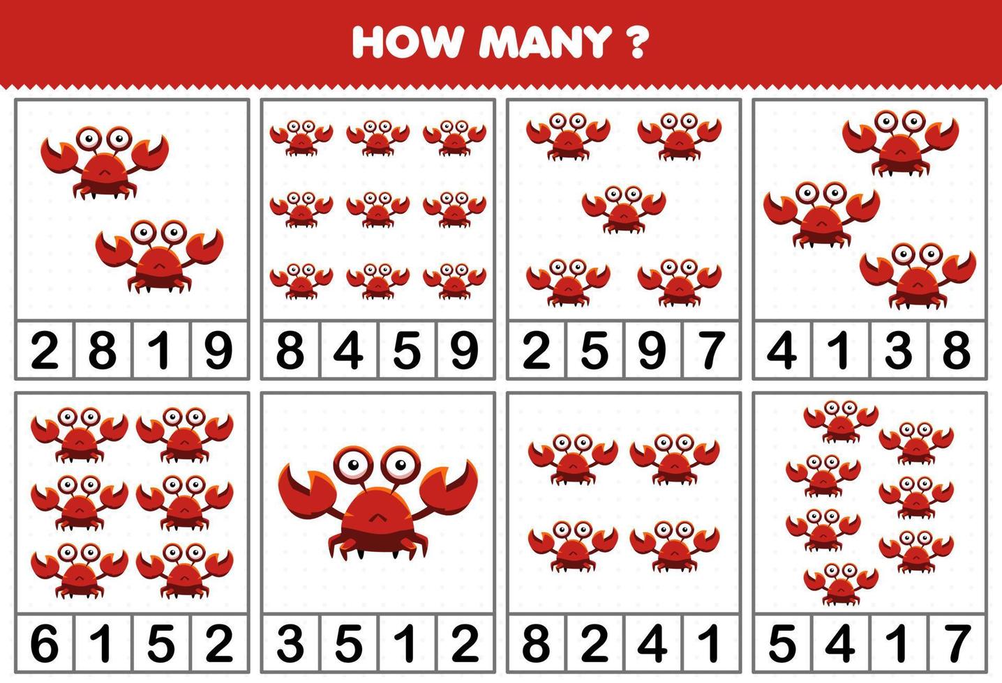 juego educativo para niños contando cuántos objetos hay en cada mesa de una linda hoja de trabajo imprimible de cangrejo de dibujos animados vector