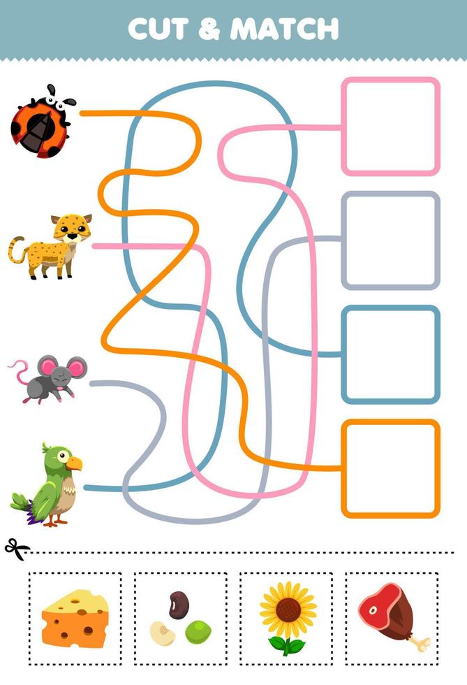 juego educativo para niños corta y combina la comida correcta para la linda caricatura mariquita guepardo ratón perico hoja de trabajo imprimible vector