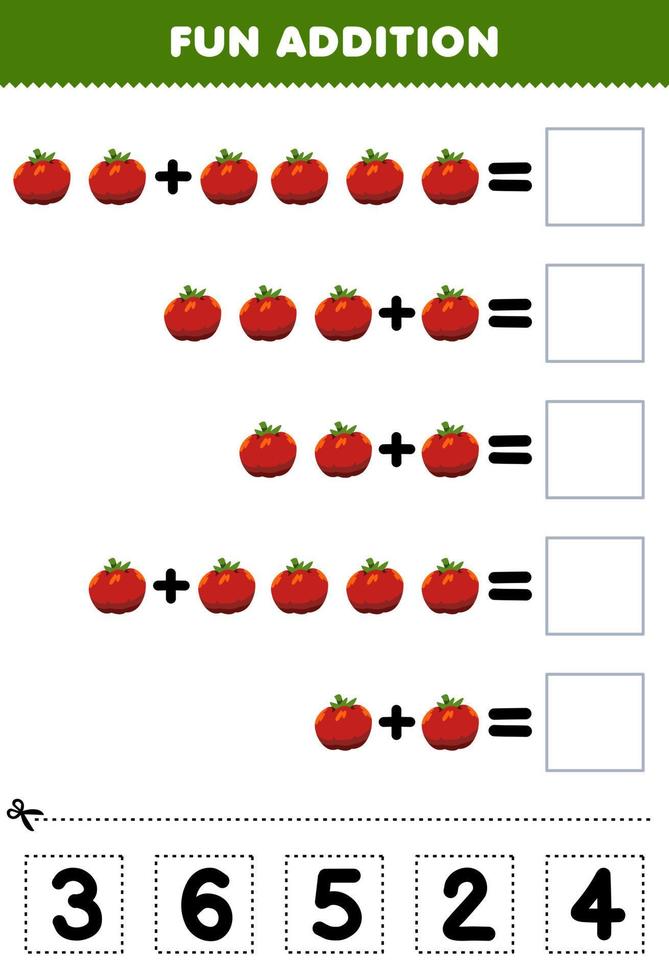 Education game for children fun addition by cut and match correct number for cartoon tomato vegetable printable worksheet vector