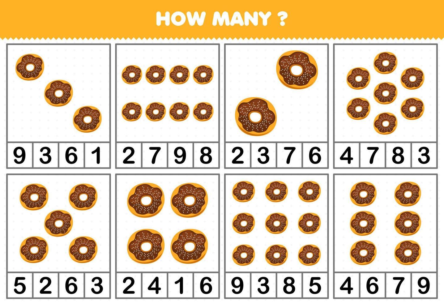 juego educativo para niños contando cuántos objetos en cada mesa de hoja de trabajo imprimible de donut de dibujos animados lindo vector