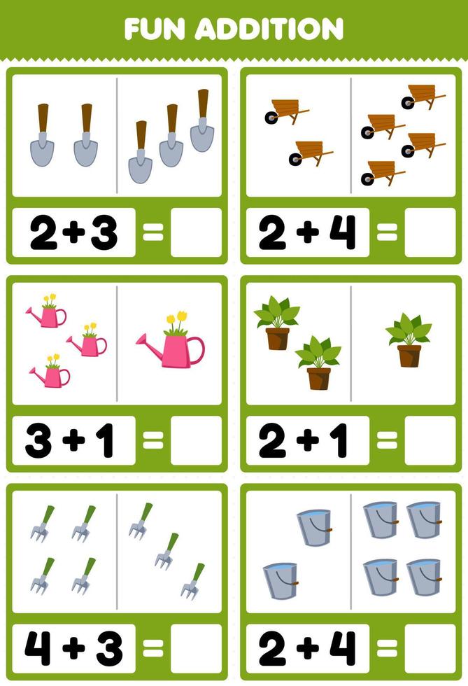 Education game for children fun addition by counting and sum of cute cartoon shovel wheelbarrow plant fork bucket printable farm worksheet vector