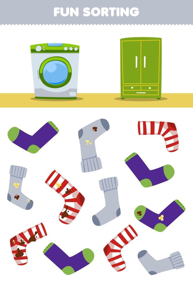 Education game for children fun sorting clean or dirty socks wearable clothes to washing machine or cupboard printable worksheet vector