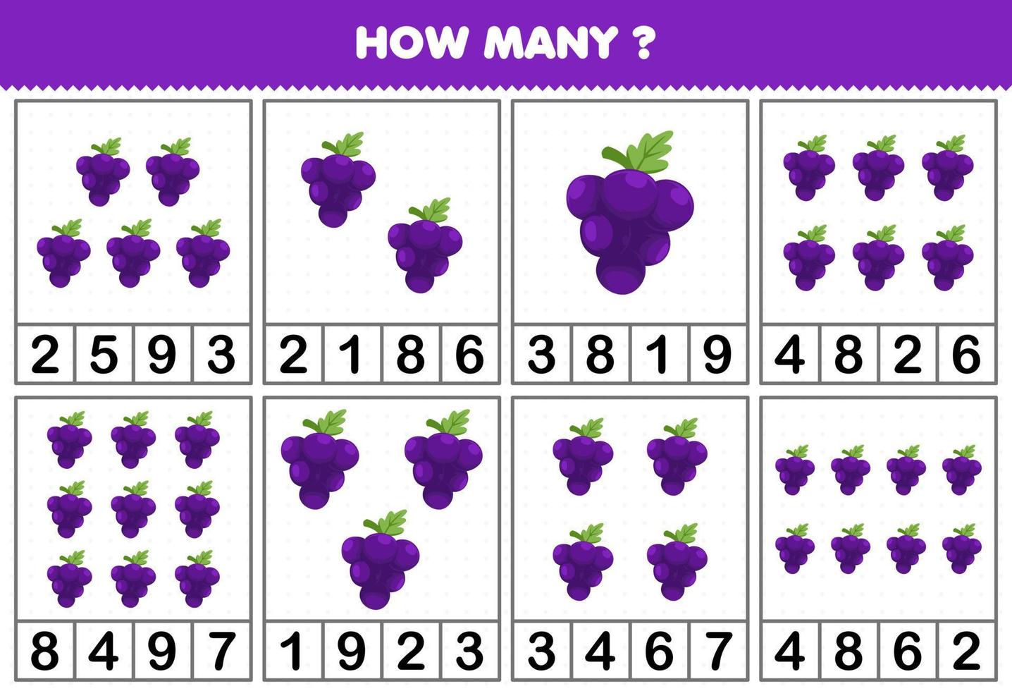 Education game for children counting how many objects in each table of cute cartoon grape fruit printable worksheet vector