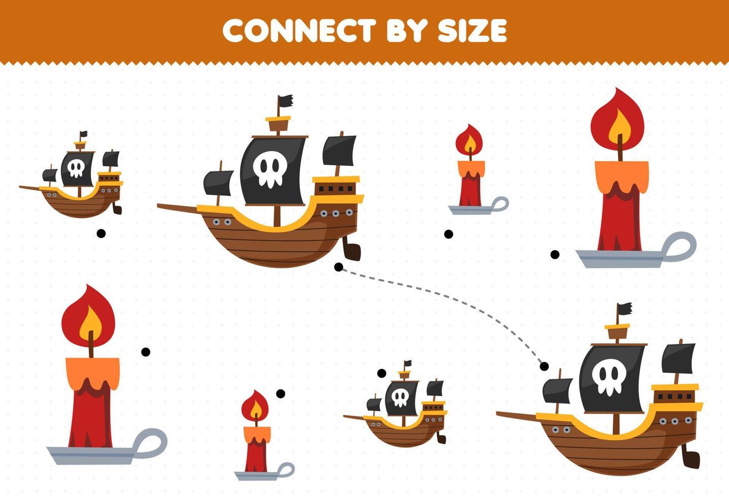 juego educativo para niños conectado por el tamaño de una linda vela de dibujos animados y hoja de trabajo imprimible de halloween de barco pirata vector