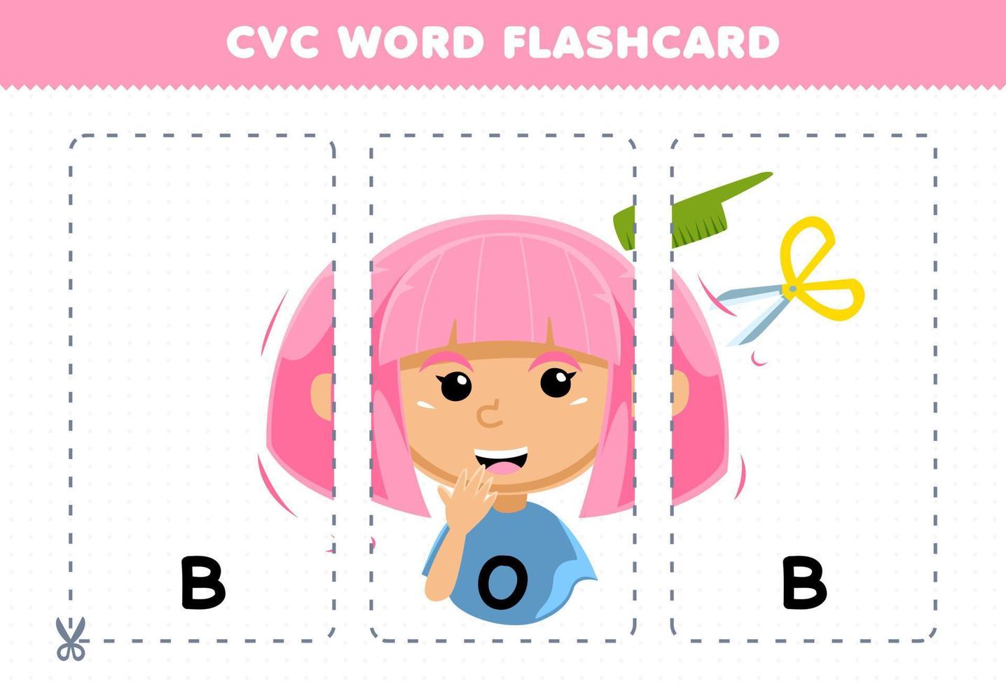 juego educativo para niños que aprenden consonante vocal consonante palabra con linda caricatura bob corte de pelo ilustración tarjeta flash imprimible vector