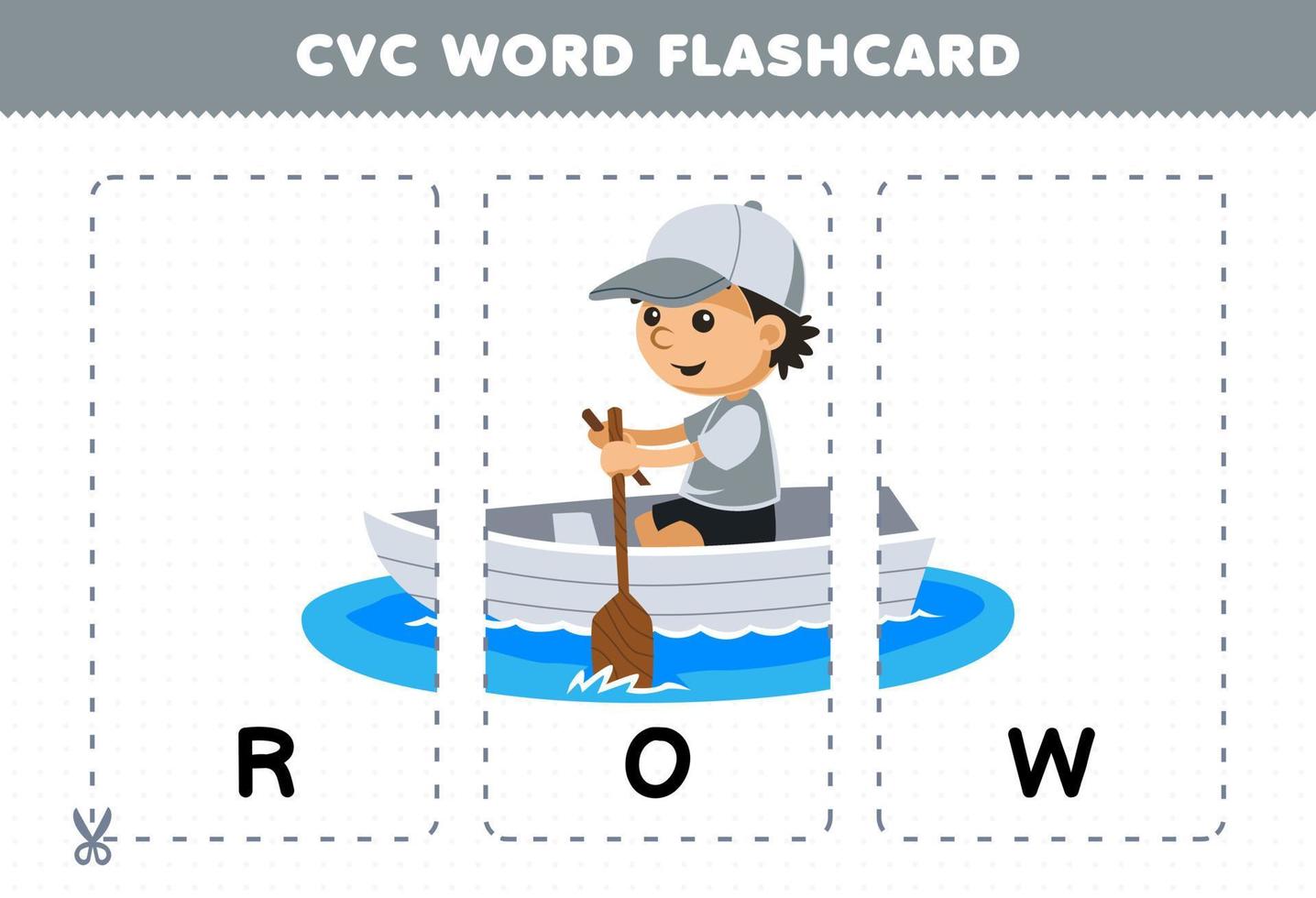 Education game for children learning consonant vowel consonant word with cute cartoon ROW boat illustration printable flashcard vector