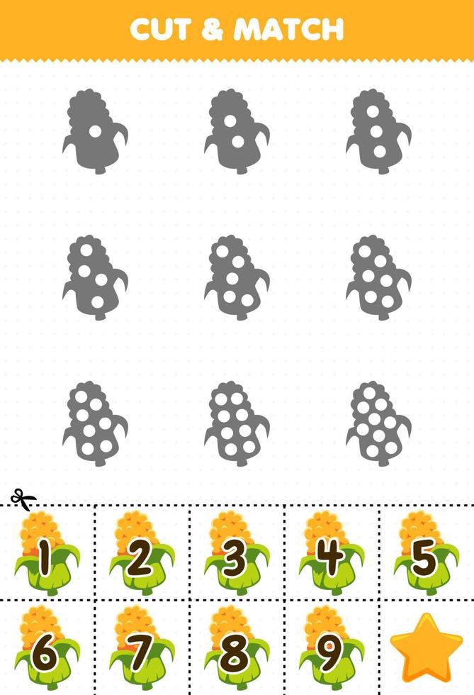 Educational game for kids count the dots on each silhouette and match them with the correct numbered corn vegetables printable worksheet vector