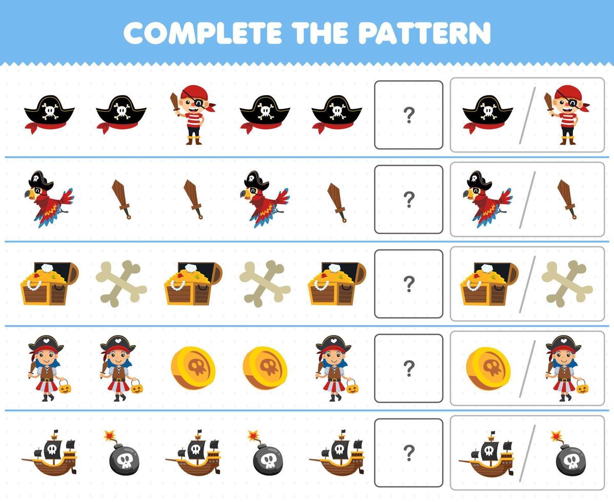 Education game for children complete the pattern by guess the correct picture of cute cartoon pirate costume halloween printable worksheet vector