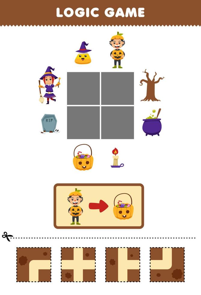 Education game for children logic puzzle build the road for pumpkin boy costume move to basket candy halloween printable worksheet vector