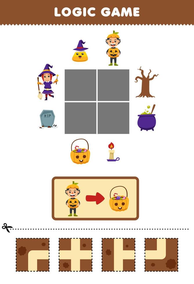 juego educativo para niños rompecabezas de lógica construir el camino para el disfraz de niño calabaza mover a la cesta dulces hoja de trabajo imprimible de halloween vector