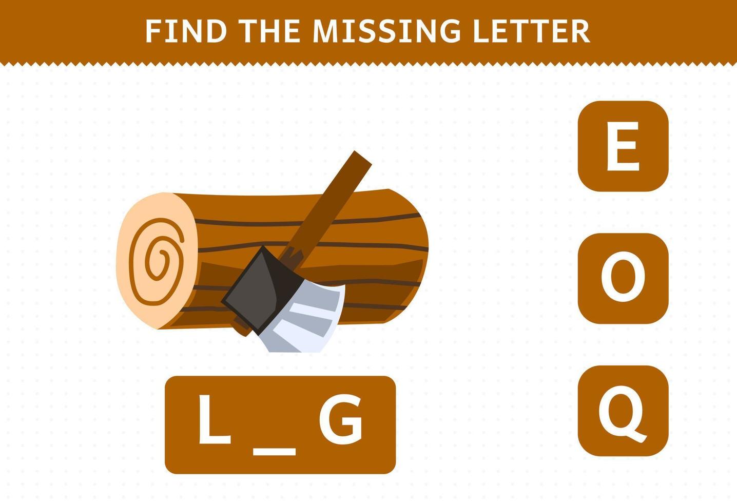 Education game for children find missing letter of cute cartoon log printable farm worksheet vector