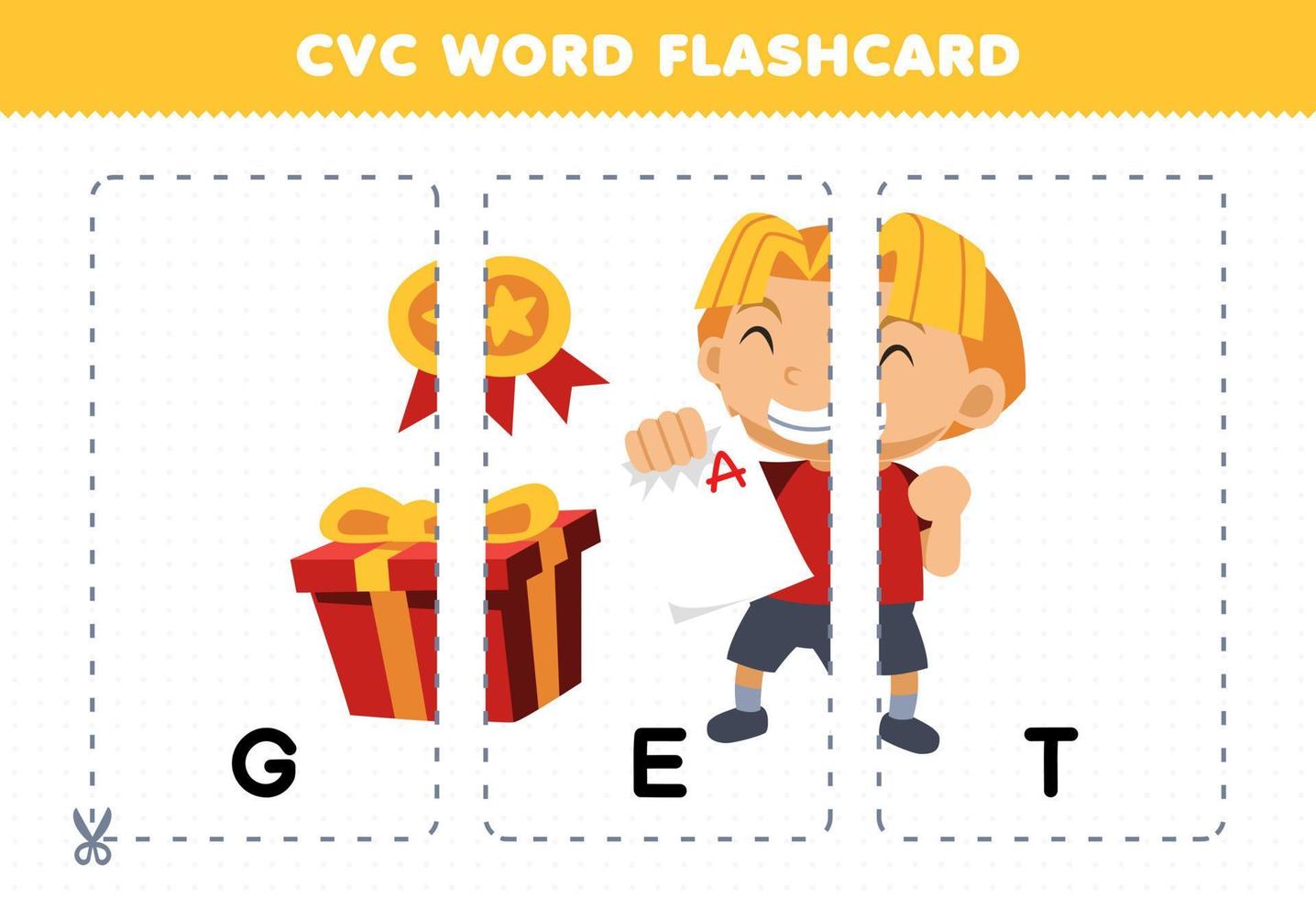 juego educativo para niños que aprenden consonante vocal consonante palabra con lindo niño de dibujos animados obtener medalla y regalo ilustración tarjeta flash imprimible vector