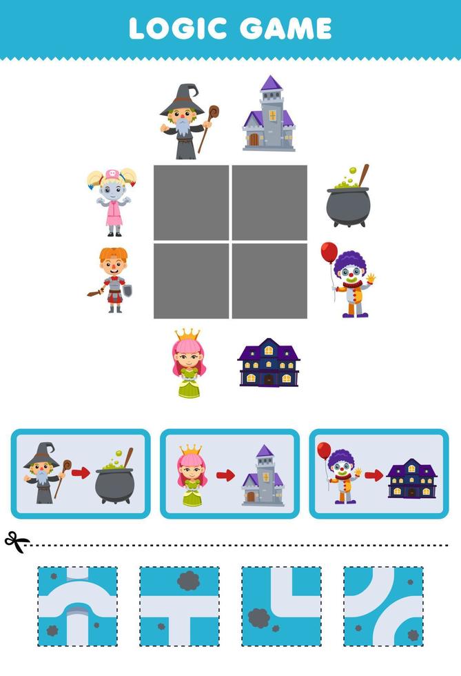 Education game for children logic puzzle build the road for wizard queen and clown costume halloween printable worksheet vector