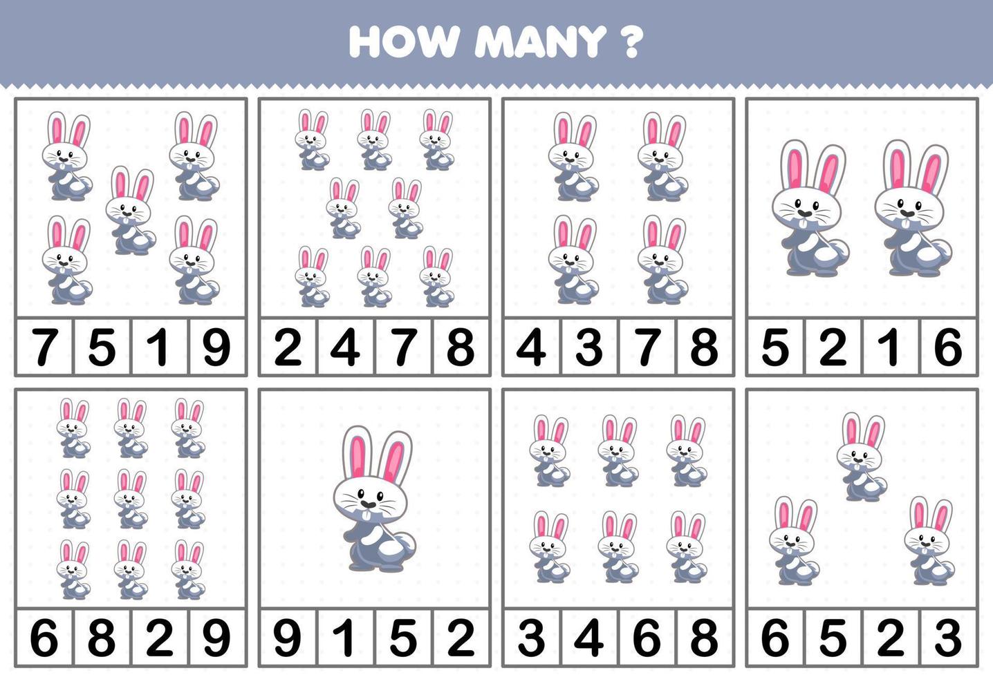 Education game for children counting how many objects in each table of cute cartoon rabbit animal printable worksheet vector