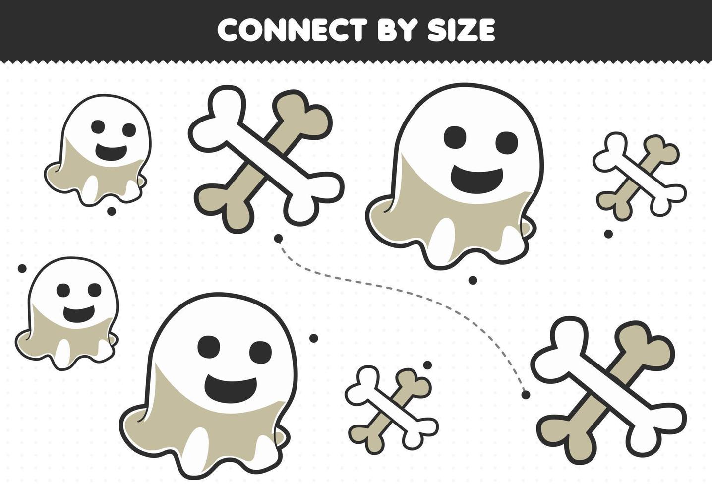 Educational game for kids connect by the size of cute cartoon ghost and bone halloween printable worksheet vector