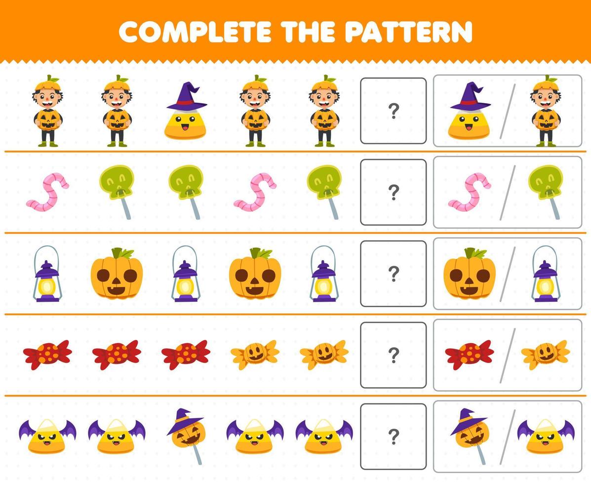 Education game for children complete the pattern by guess the correct picture of cute cartoon candy pumpkin boy costume halloween printable worksheet vector
