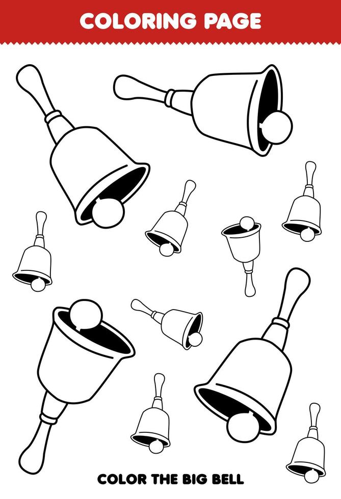 Education game for children coloring page big or small picture of music instrument bell printable worksheet vector