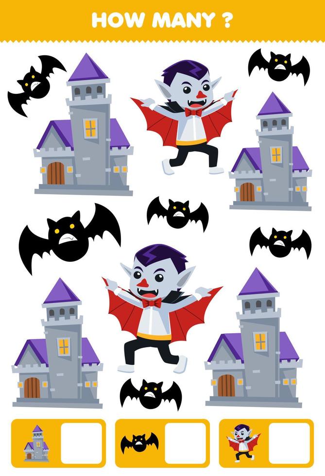 Education game for children searching and counting how many objects of cute cartoon castle black bat dracula costume halloween printable worksheet vector