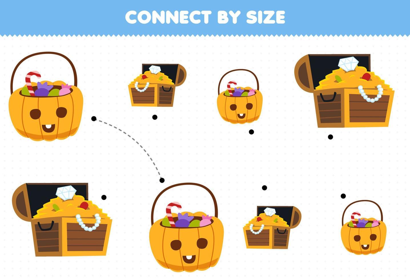 Educational game for kids connect by the size of cute cartoon treasure chest and candy basket halloween printable worksheet vector