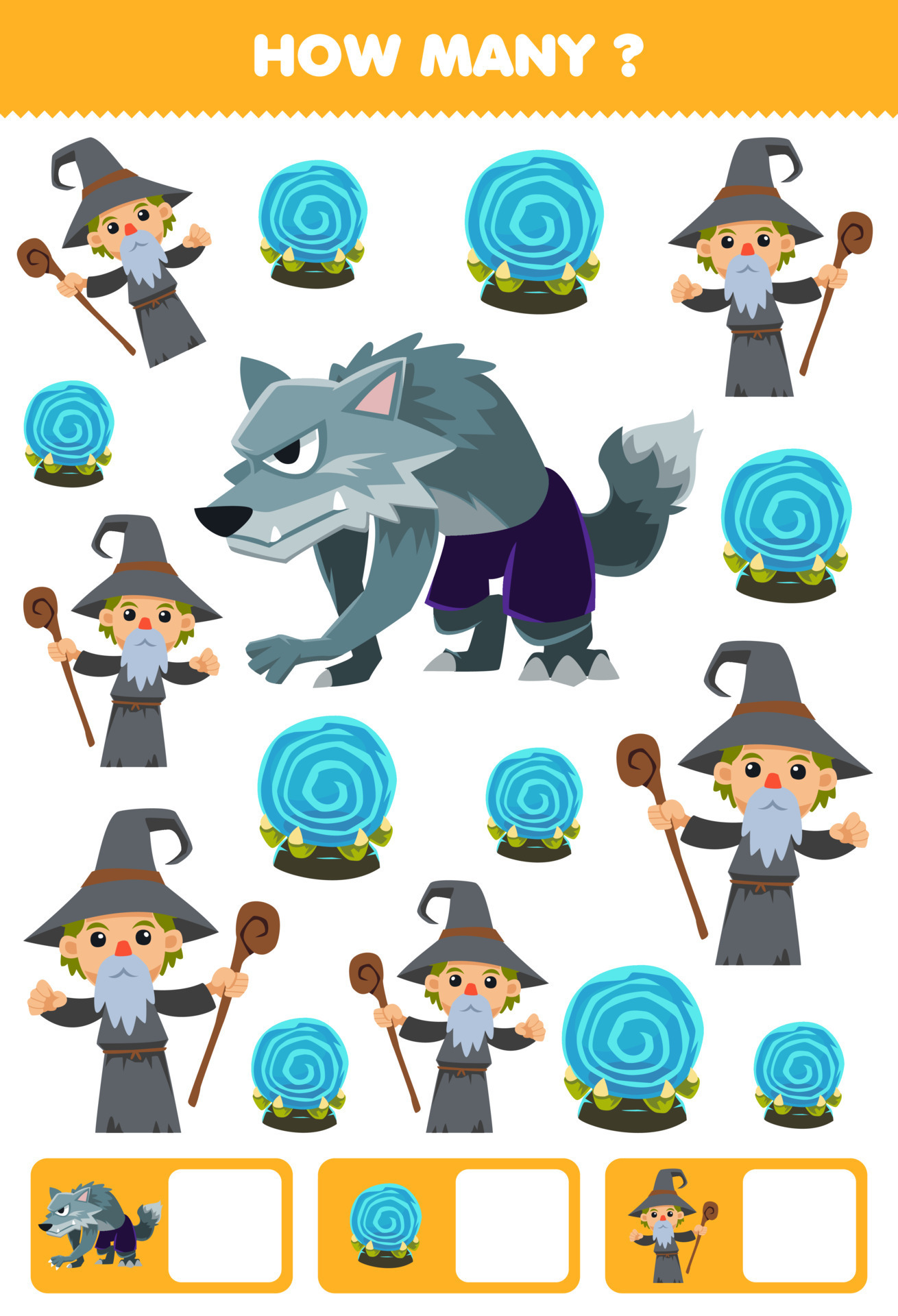 Education game for children searching and counting how many objects of cute  cartoon magic orb werewolf wizard costume halloween printable worksheet  11207884 Vector Art at Vecteezy