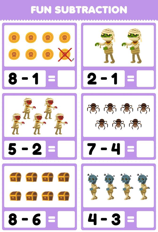 Education game for children fun subtraction by counting and eliminating cute cartoon coin spider chest mummy costume halloween printable worksheet vector