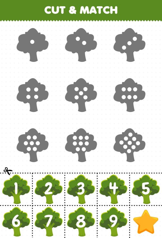 juego educativo para niños cuente los puntos en cada silueta y combínelos con la hoja de trabajo imprimible de verduras de brócoli verde numerada correcta vector