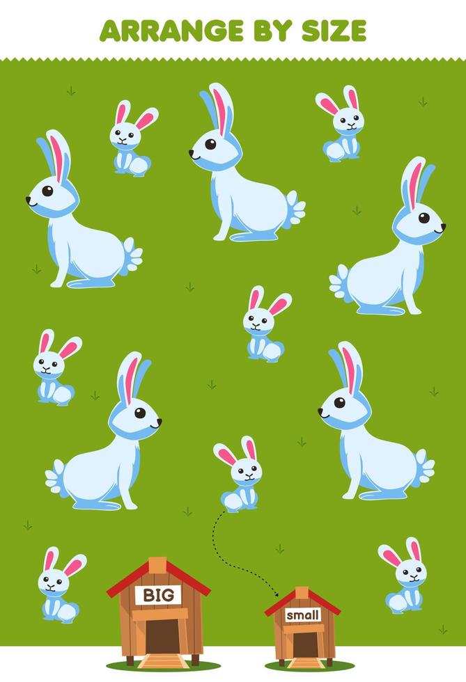 Education game for children arrange by size big or small put it in the hutch of cute cartoon rabbit printable farm worksheet vector
