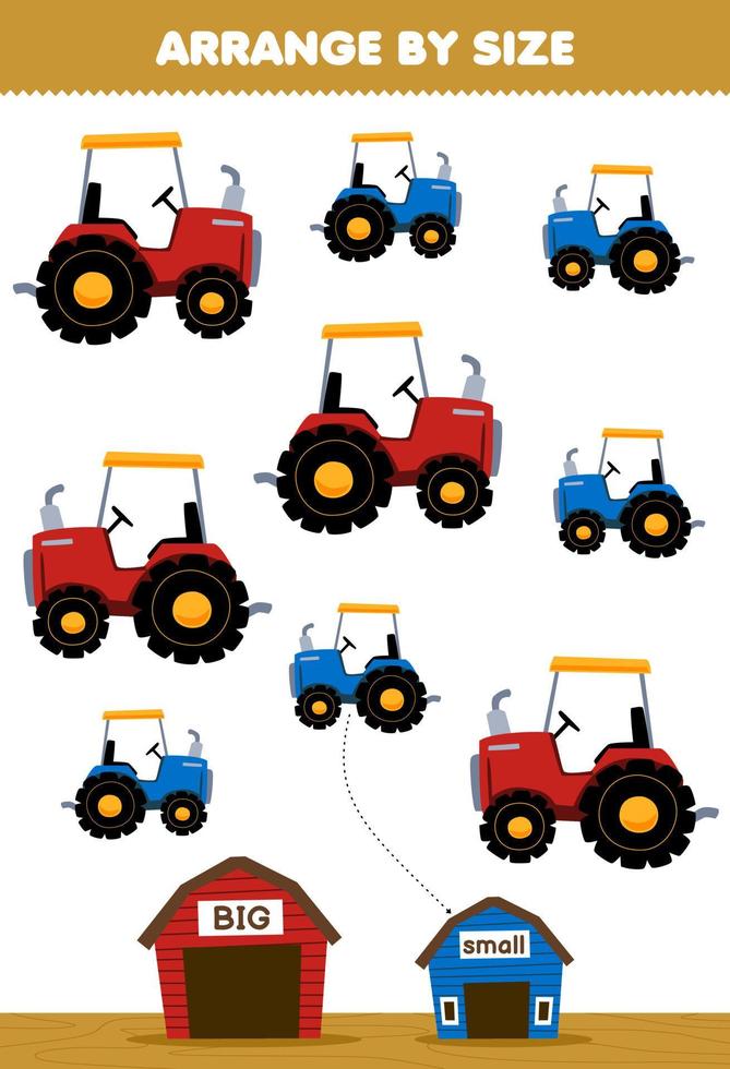 juego educativo para niños organizar por tamaño grande o pequeño ponerlo en el granero de la hoja de trabajo de la granja imprimible del tractor de dibujos animados lindo vector