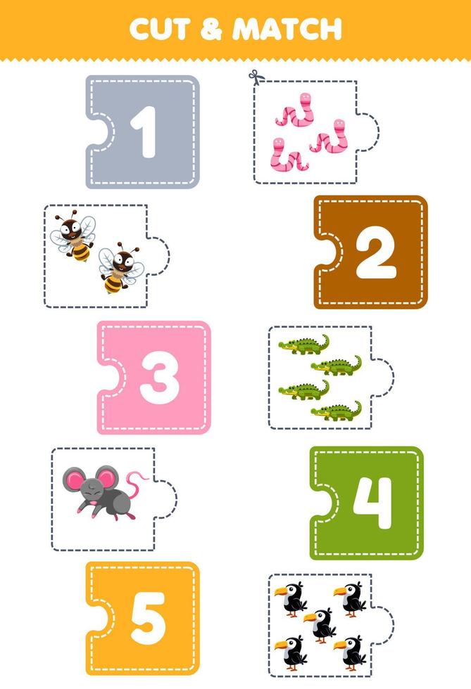 Education game for children cut piece of puzzle and match by number of cute cartoon mouse bee worm crocodile toucan printable worksheet vector