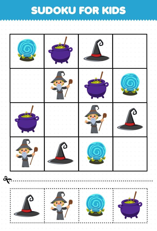 Education game for children sudoku for kids with cute cartoon hat magic orb cauldron wizard costume halloween printable worksheet vector