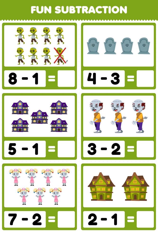 juego educativo para niños diversión resta contando y eliminando dibujos animados lindo lápida casa espeluznante disfraz de zombi hoja de trabajo imprimible de halloween vector