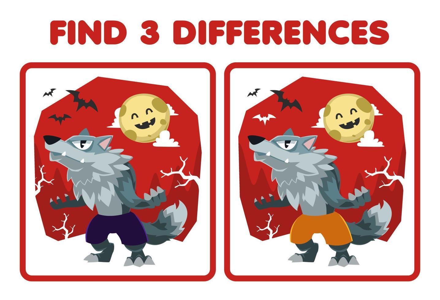 juego educativo para niños encuentra tres diferencias entre dos lindos disfraces de hombre lobo de dibujos animados hoja de trabajo imprimible de halloween vector