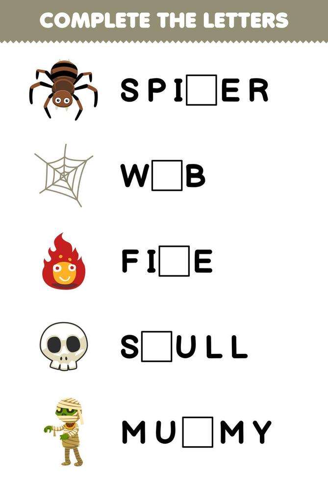 juego educativo para niños completar las letras de la hoja de trabajo imprimible de halloween de la momia del cráneo del fuego de la telaraña de dibujos animados lindo vector