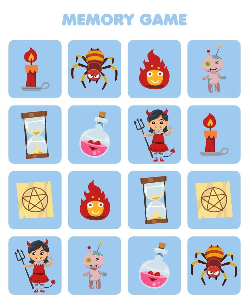Education game for children memory to find similar pictures of cute cartoon candle fire spider voodoo doll potion bottle devil girl costume halloween printable worksheet vector