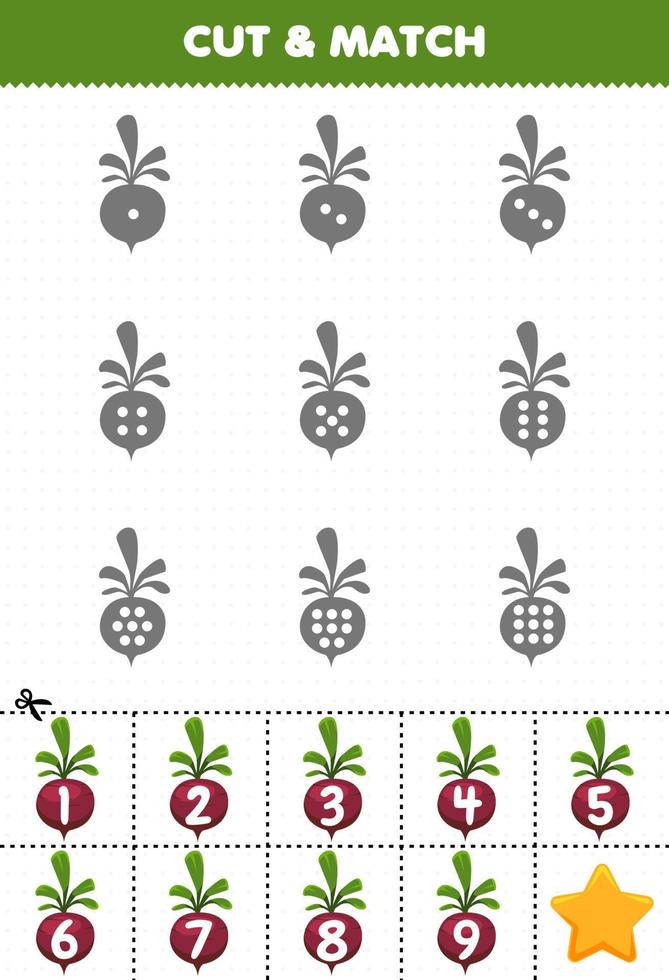 Educational game for kids count the dots on each silhouette and match them with the correct numbered beet vegetables printable worksheet vector