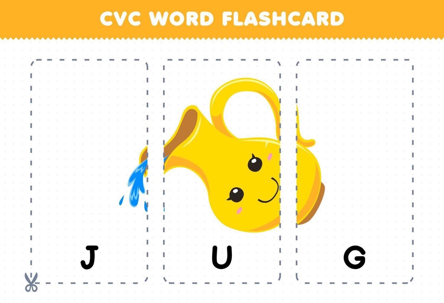 Education game for children learning consonant vowel consonant word with cute cartoon JUG pouring water illustration printable flashcard vector