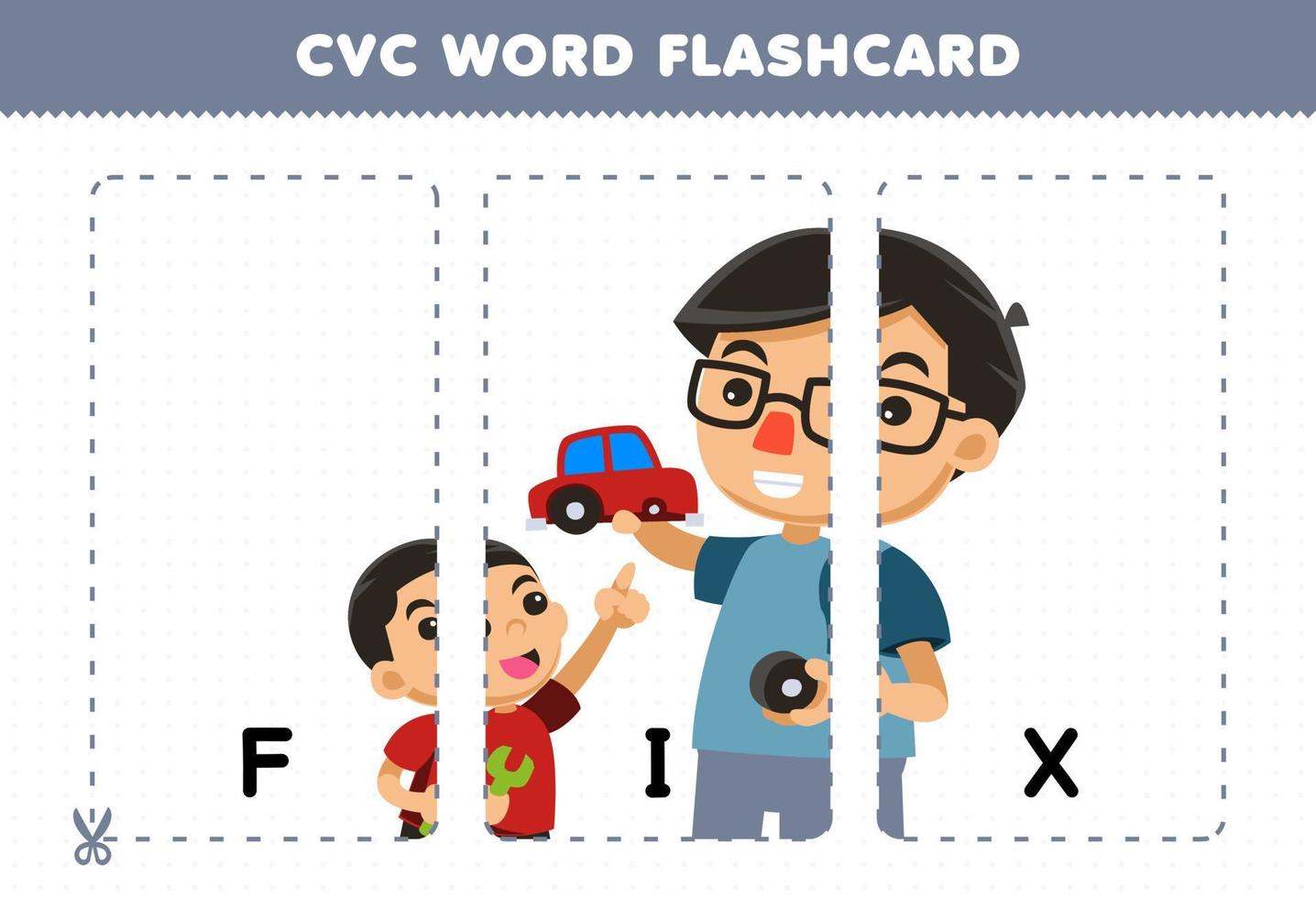 Education game for children learning consonant vowel consonant word with cute cartoon boy and dad trying FIX car toy illustration printable flashcard vector