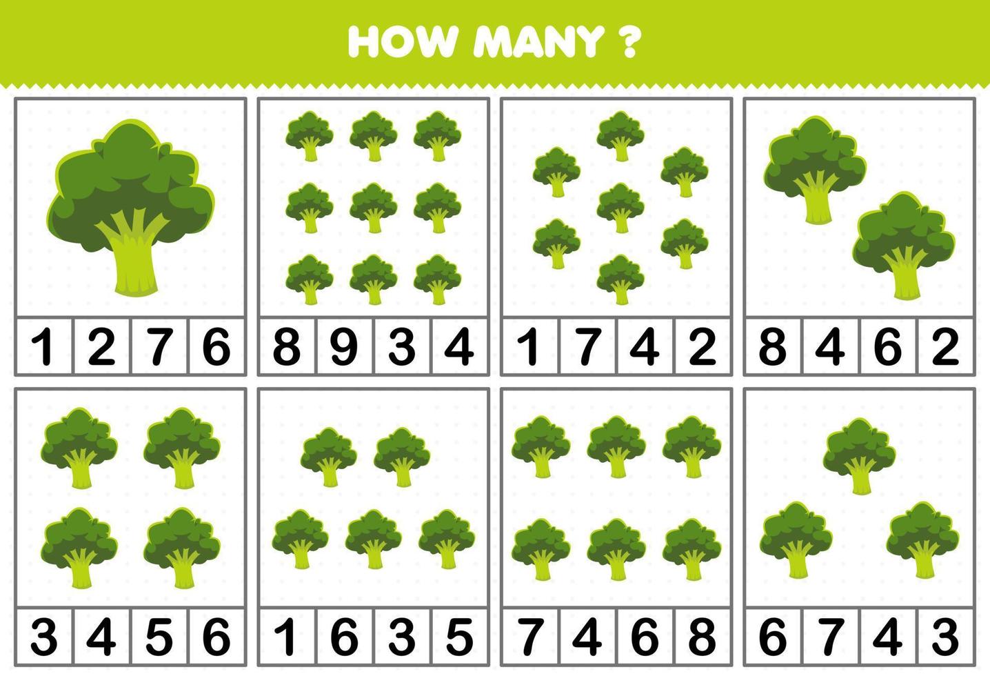 Education game for children counting how many objects in each table of cute cartoon broccoli vegetable printable worksheet vector