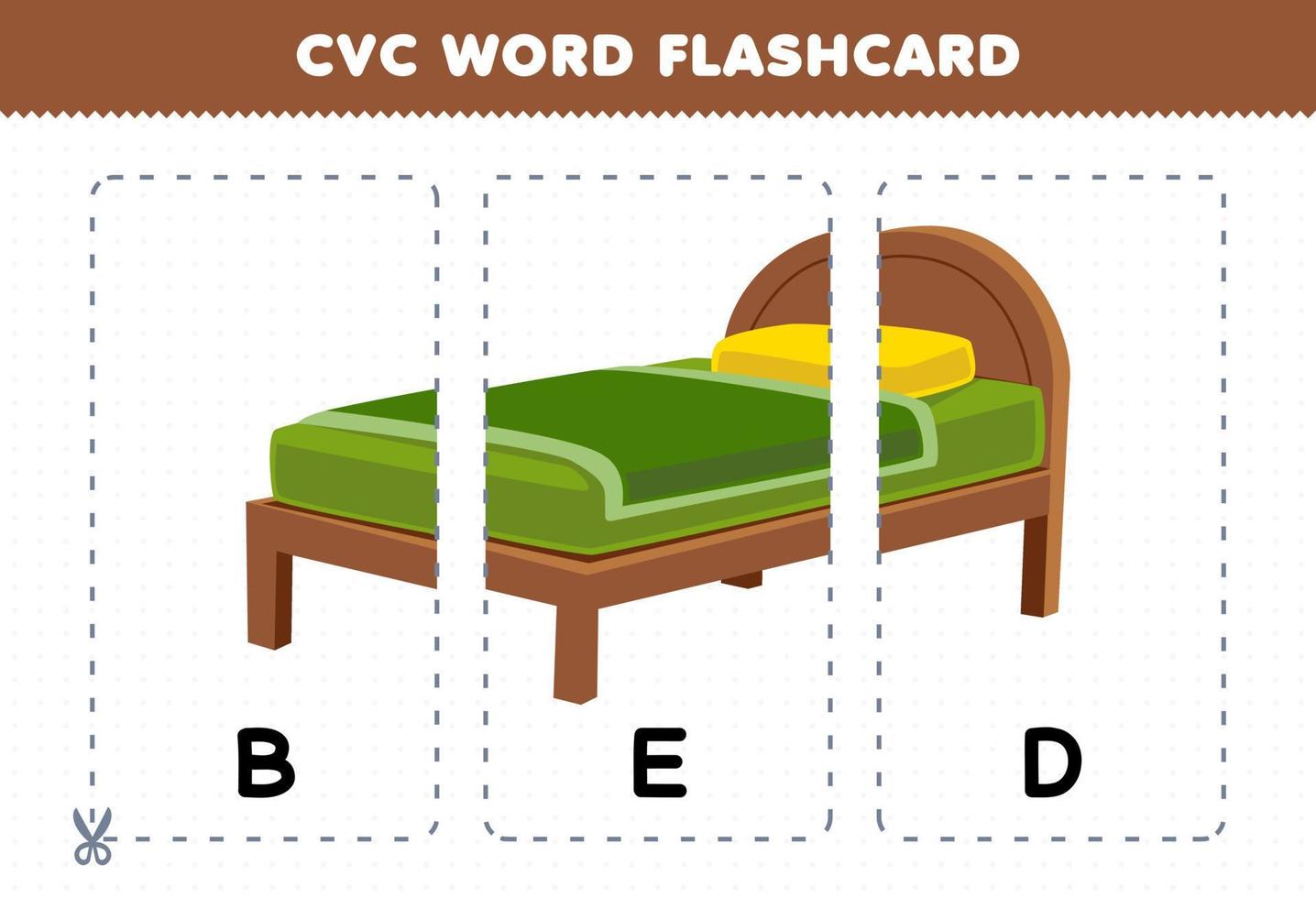 juego educativo para niños que aprenden consonante vocal consonante palabra con linda caricatura cama ilustración imprimible flashcard vector