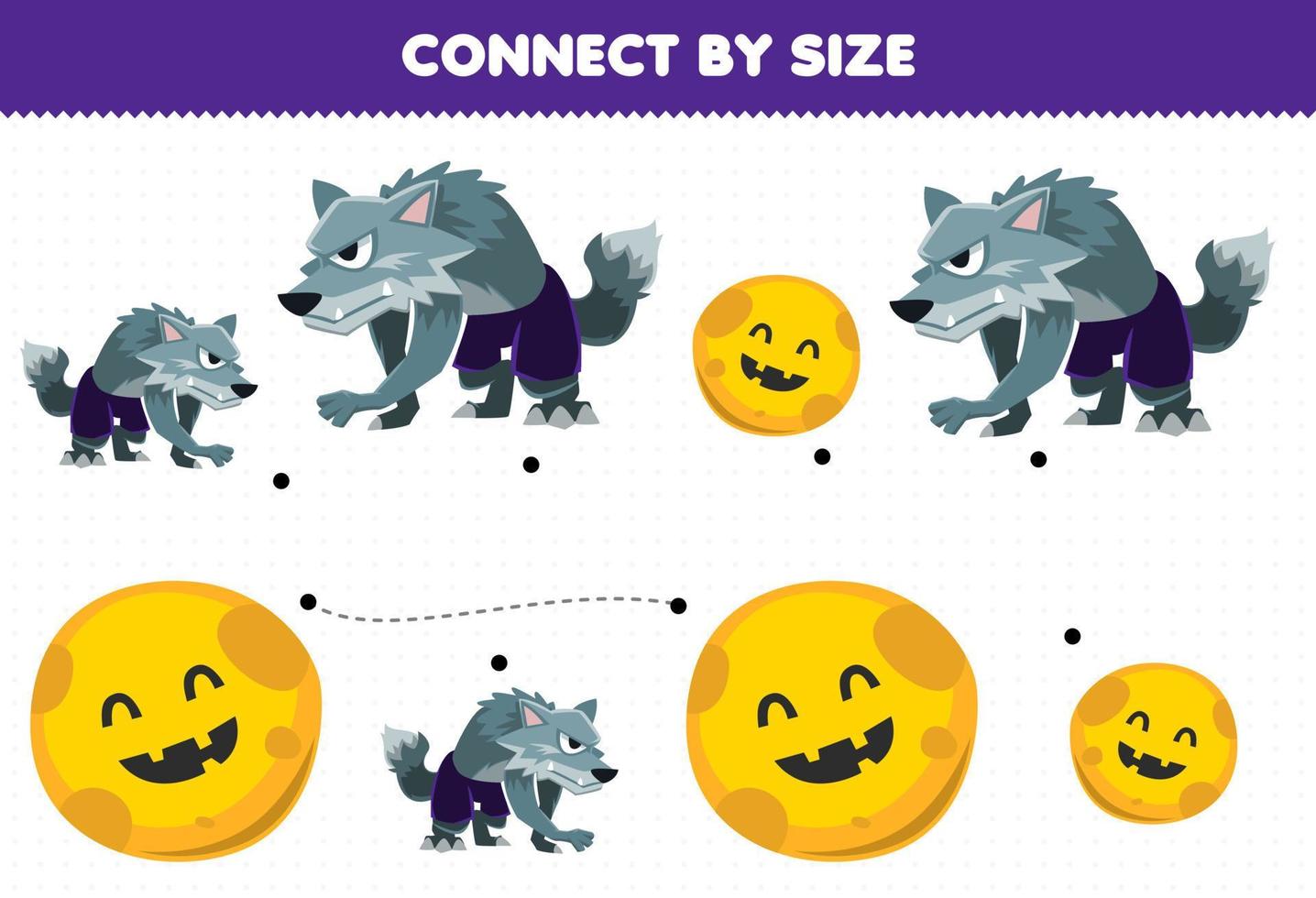 Educational game for kids connect by the size of cute cartoon moon and werewolf halloween printable worksheet vector