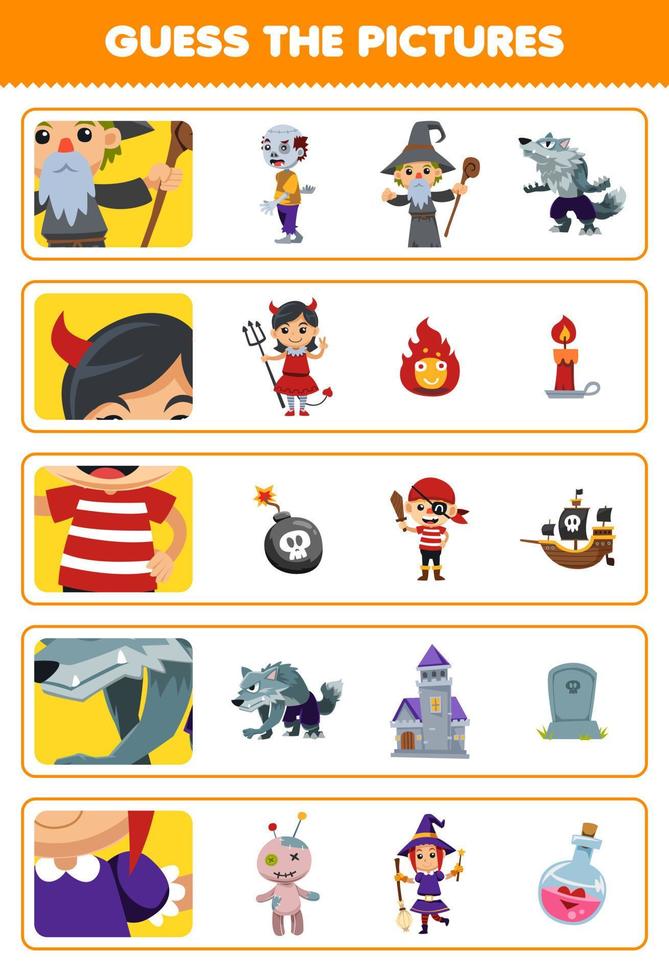 Education game for children guess the correct pictures of cute cartoon wizard devil girl pirate werewolf witch costume halloween printable worksheet vector