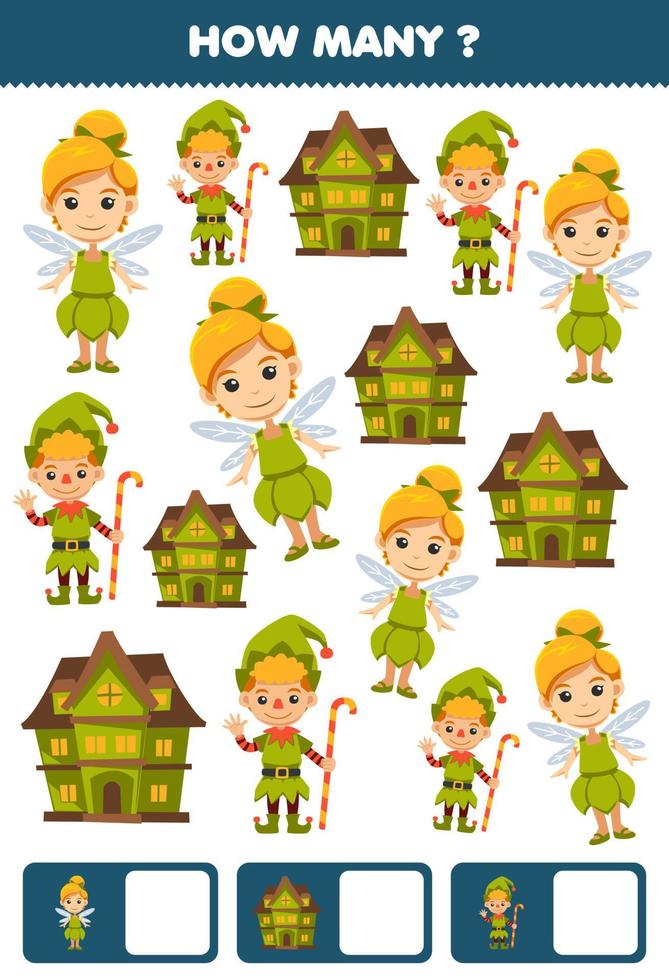 Education game for children searching and counting how many objects of cute cartoon spooky house fairy dwarfs costume halloween printable worksheet vector