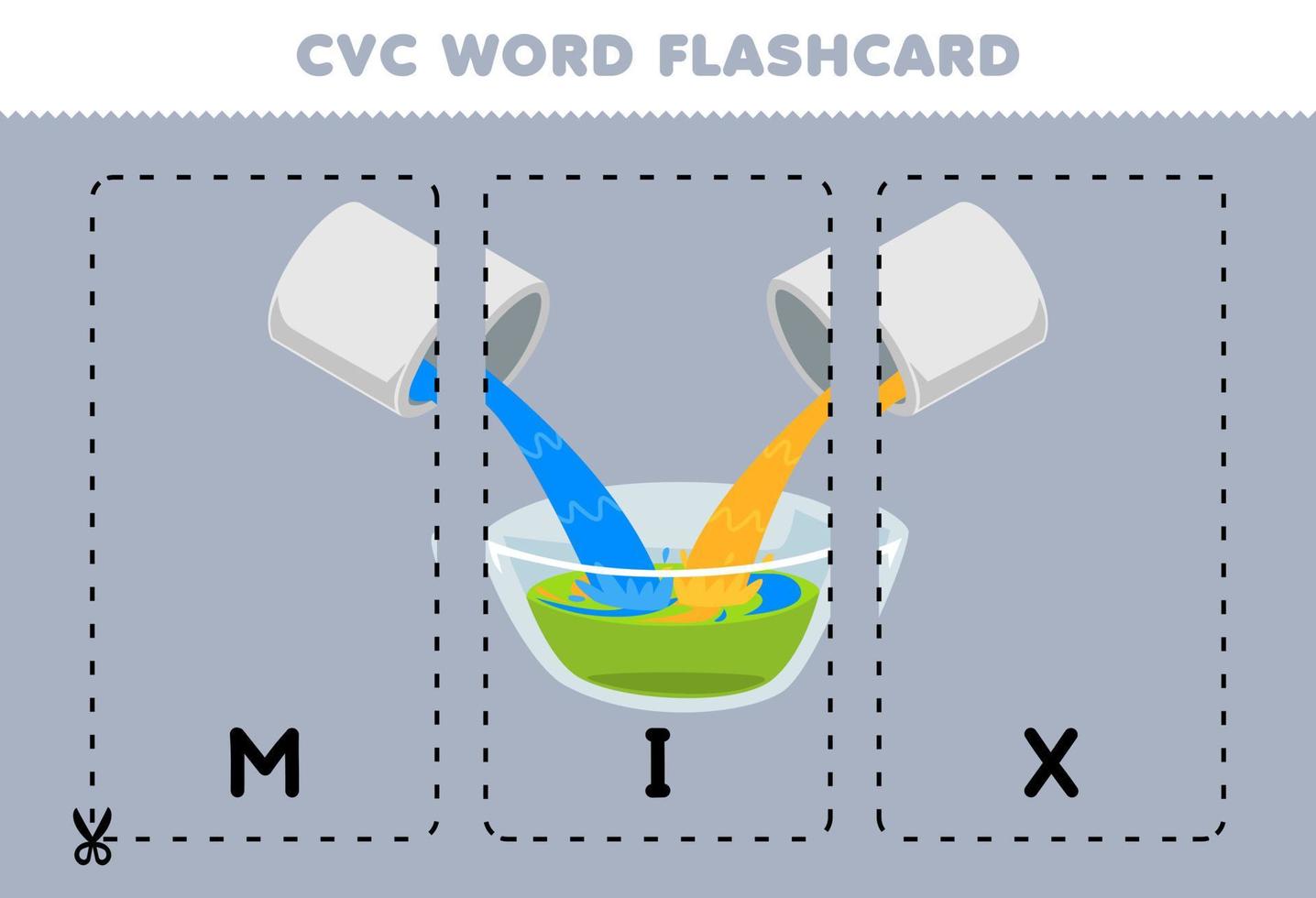 Education game for children learning consonant vowel consonant word with cute cartoon MIX color blue and yellow become green illustration printable flashcard vector