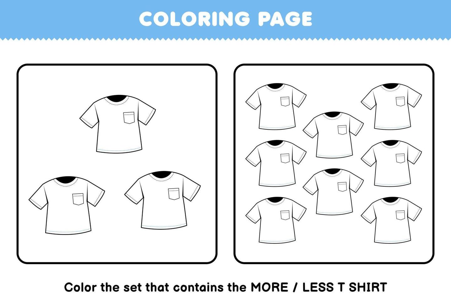 juego educativo para niños página para colorear más o menos imagen de una linda caricatura ropa ponible camiseta conjunto de arte lineal hoja de trabajo imprimible vector